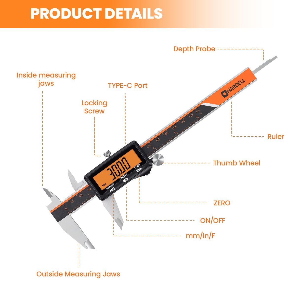 HARDELL Digital Caliper, Rechargeable Caliper Measuring Tool with Large Orange Screen (Non-Backlit)