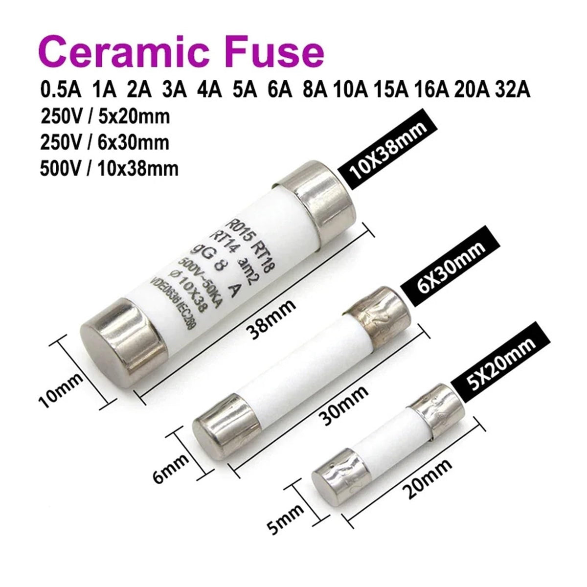 5x20mm 6x30mm 10x38mm Fast Acting Fuse 250/500V Assorted Amps