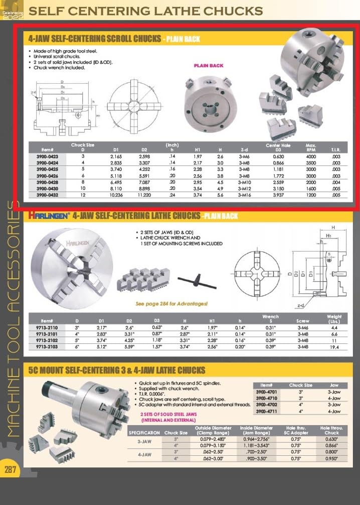 HHIP 3900-0432 12" 4-Jaw Plain Back Self-Centering Lathe Chuck