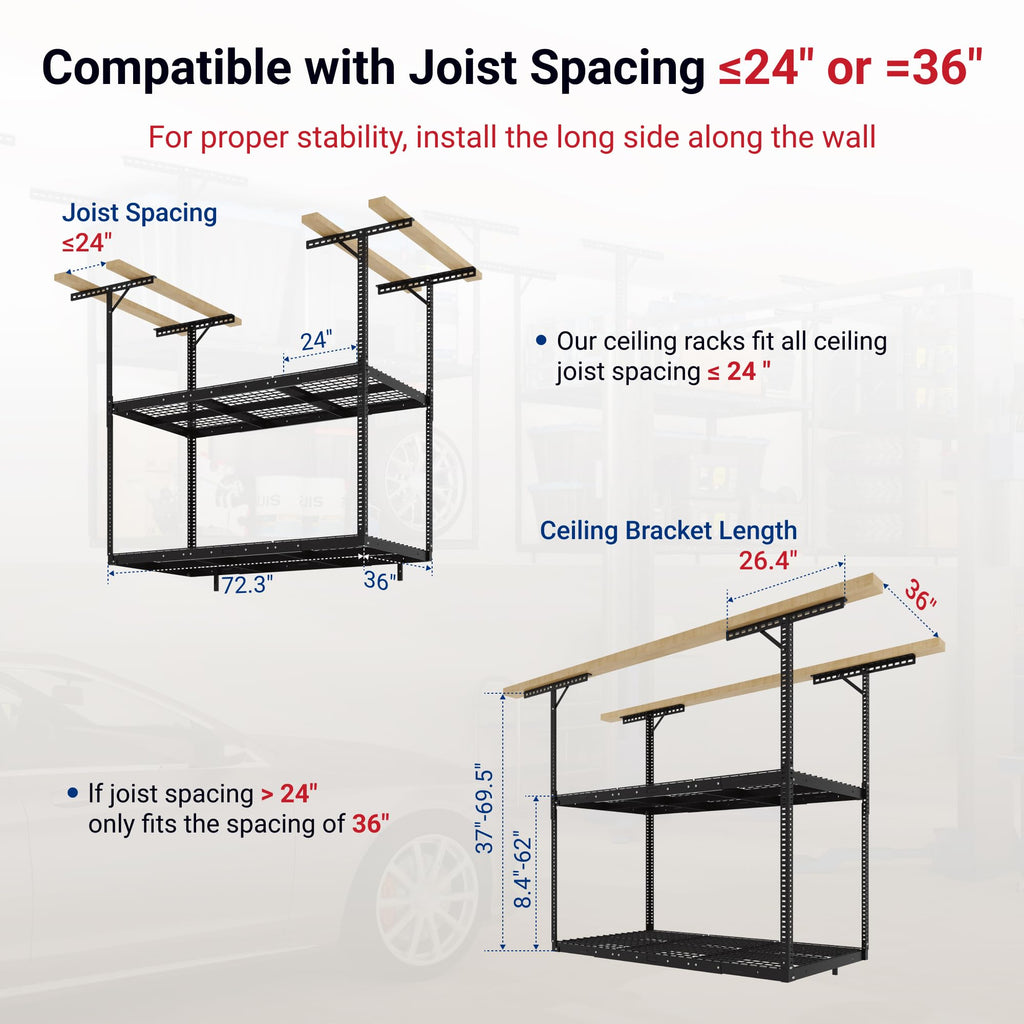 Adjustable Heavy Duty Overhead Garage Storage Rack for Ceiling Organization