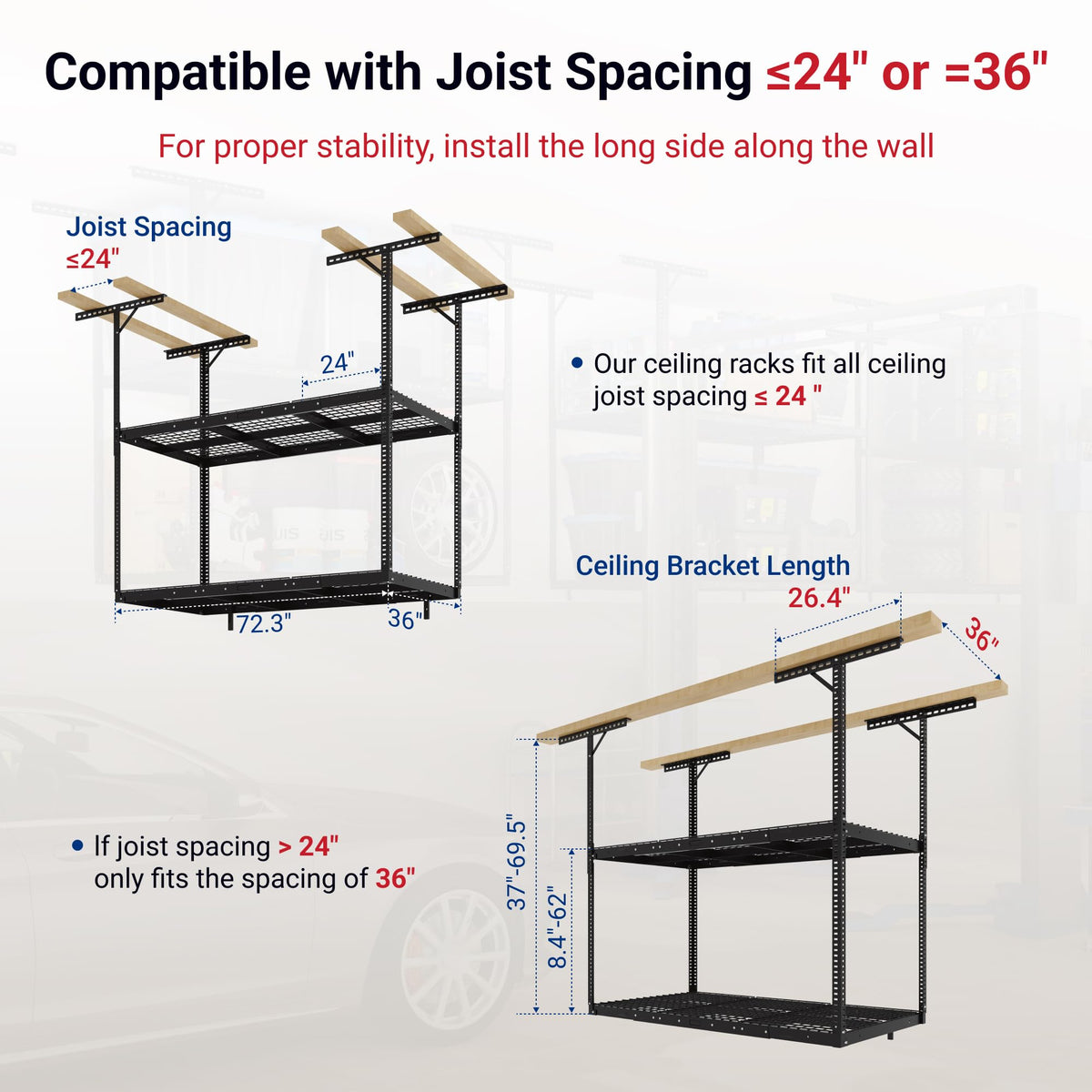 Adjustable Heavy Duty Overhead Garage Storage Rack for Ceiling Organization