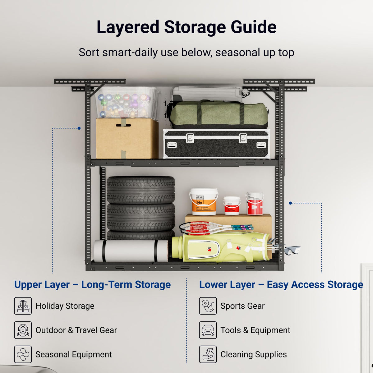Adjustable Heavy Duty Overhead Garage Storage Rack for Ceiling Organization