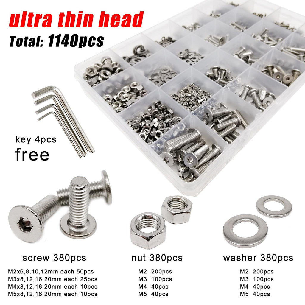 M2-M5 Stainless Steel Hex Socket Screw Bolt Nut Washer Kit 1140pcs