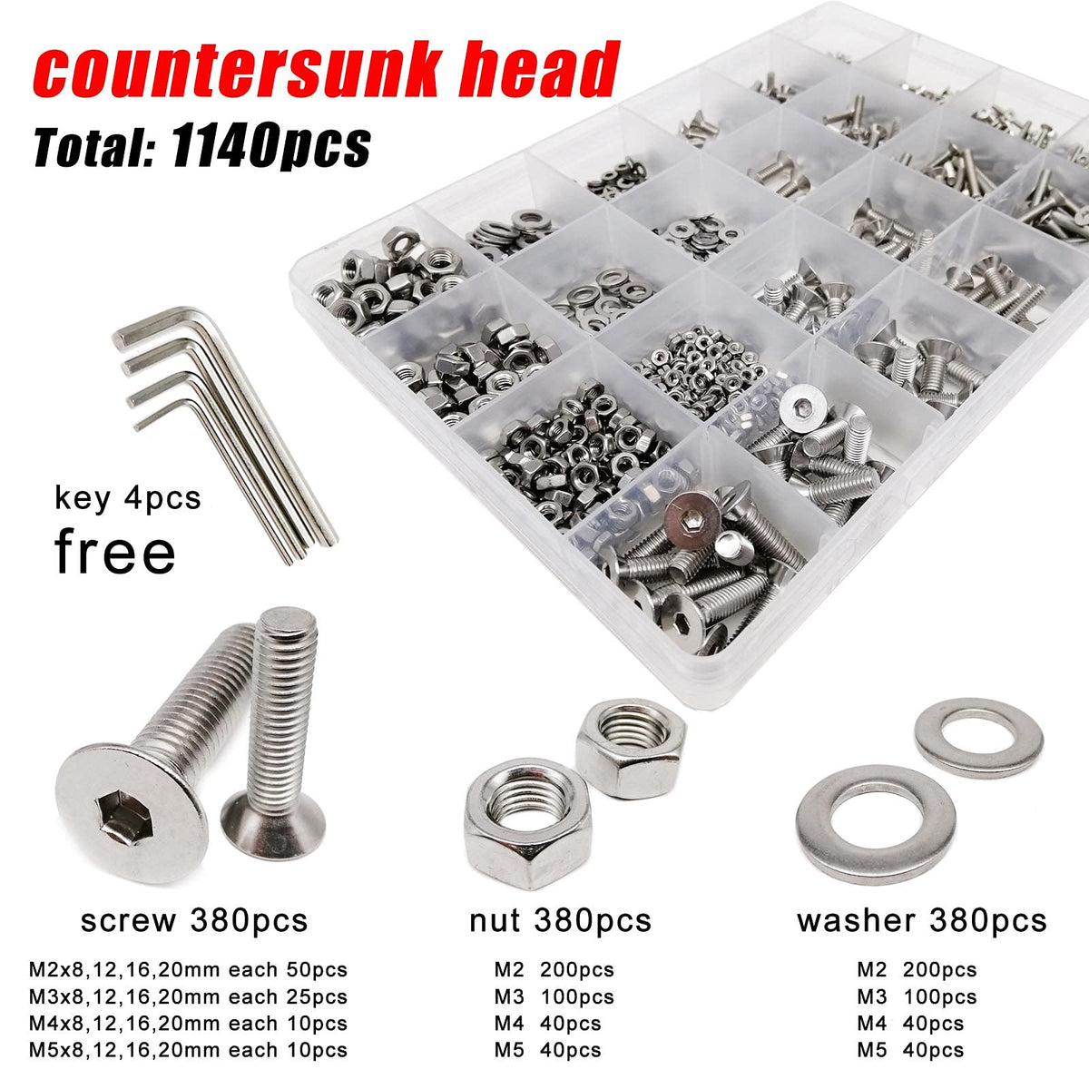 M2-M5 Stainless Steel Hex Socket Screw Bolt Nut Washer Kit 1140pcs