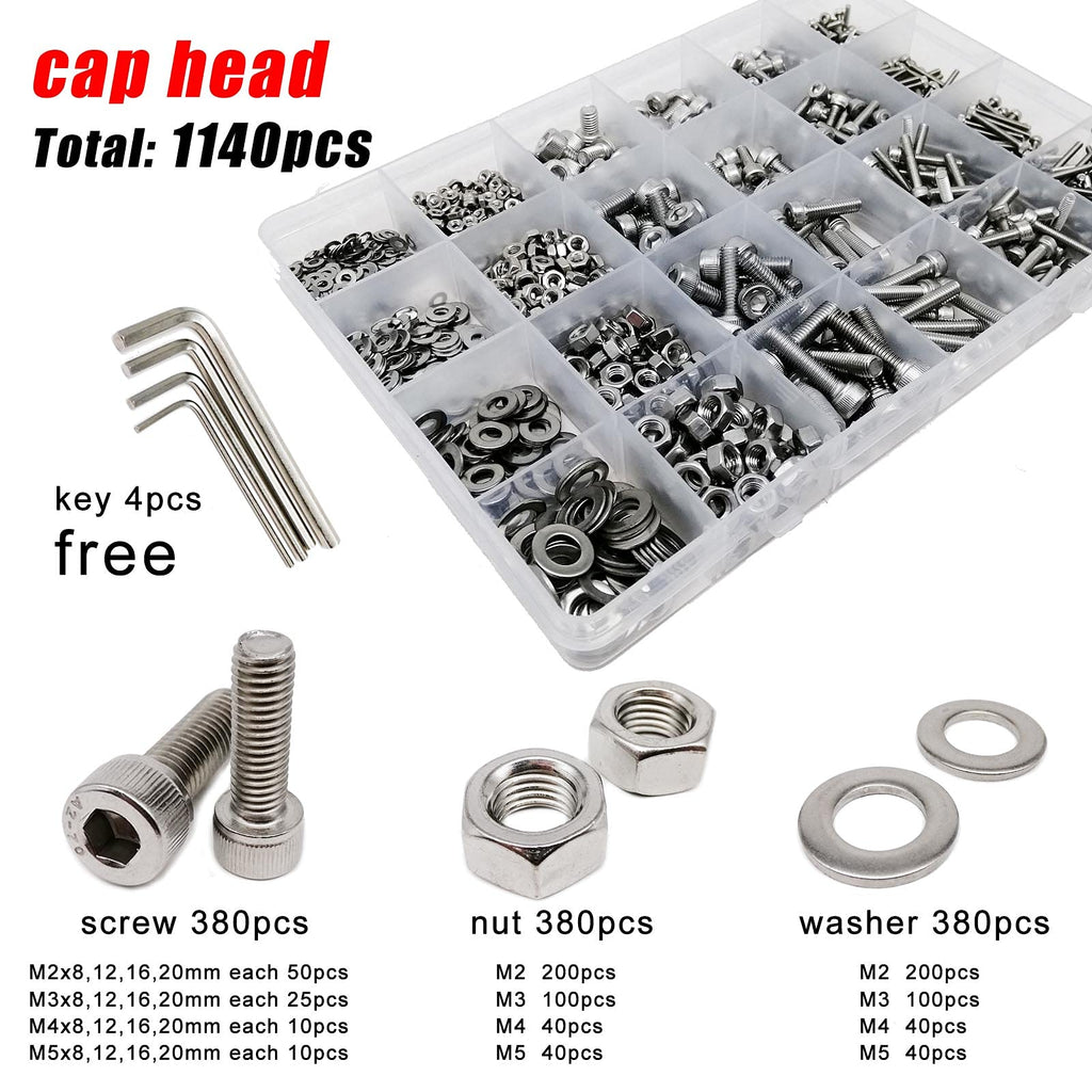 M2-M5 Stainless Steel Hex Socket Screw Bolt Nut Washer Kit 1140pcs