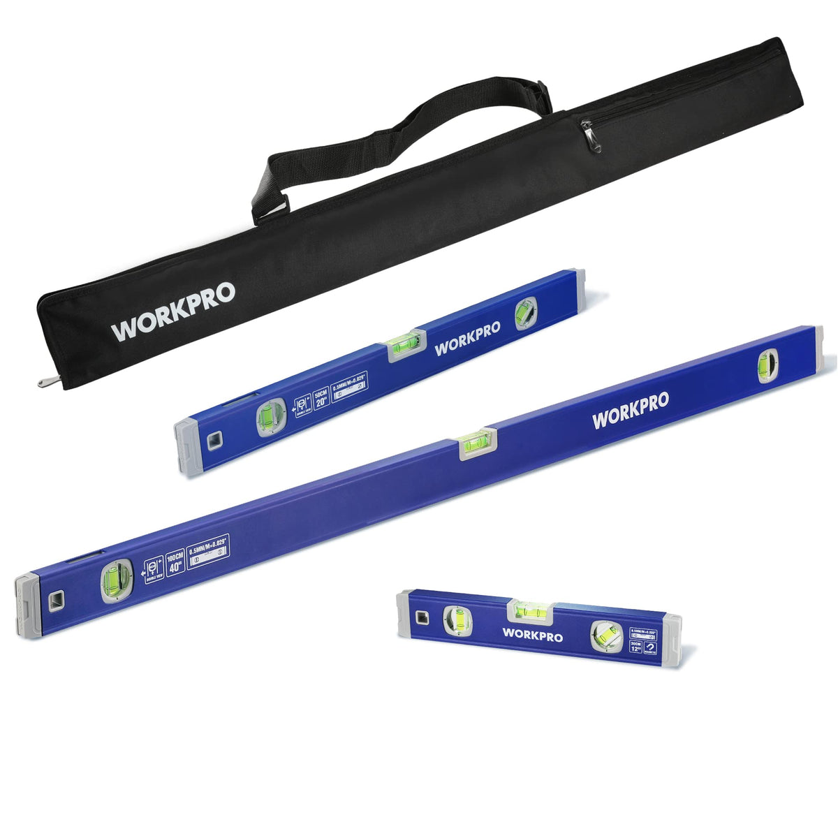 3-Piece Aluminum Spirit Level Set 12" 20" 40" with Magnetic Torpedo Level