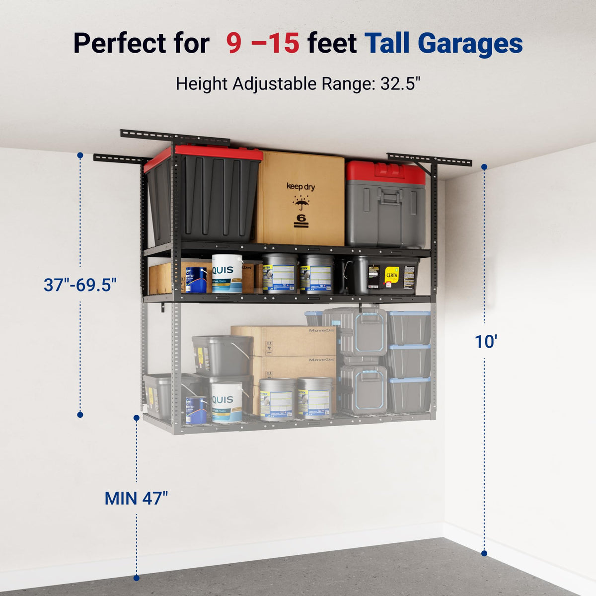 Adjustable Heavy Duty Overhead Garage Storage Rack for Ceiling Organization