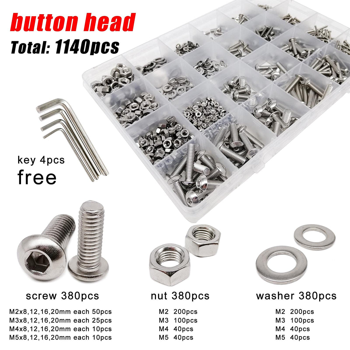 M2-M5 Stainless Steel Hex Socket Screw Bolt Nut Washer Kit 1140pcs