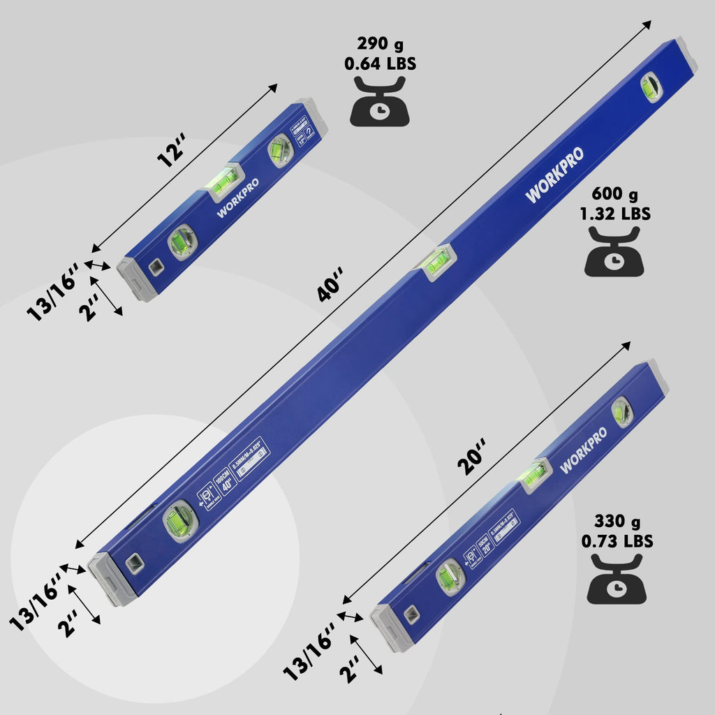 3-Piece Aluminum Spirit Level Set 12" 20" 40" with Magnetic Torpedo Level