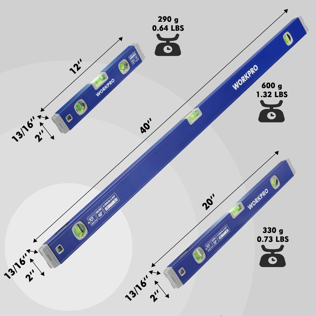 3-Piece Aluminum Spirit Level Set 12" 20" 40" with Magnetic Torpedo Level