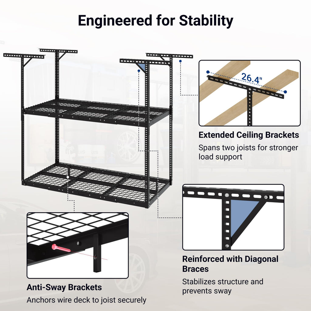 Adjustable Heavy Duty Overhead Garage Storage Rack for Ceiling Organization