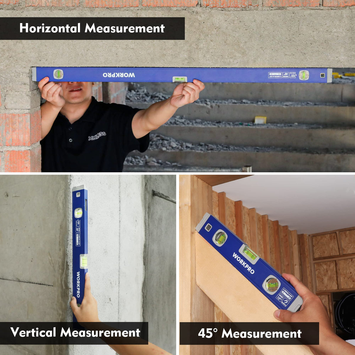 3-Piece Aluminum Spirit Level Set 12" 20" 40" with Magnetic Torpedo Level