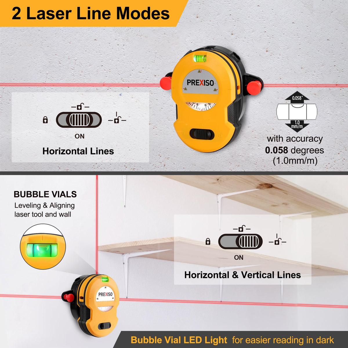 PREXISO Multi Surface Laser Level LED Light Vial, Cross Line Laser
